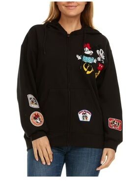 Disney Black Minnie & Mickey Patch Zip-Up Hoodie. Size Small.